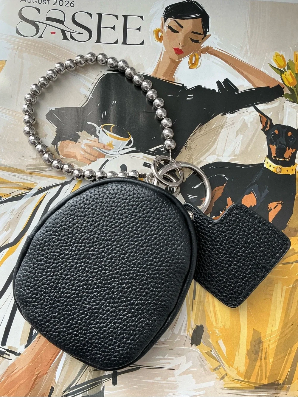 Black Leather Key Pouch with Beaded Wristlet